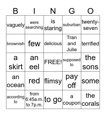 English Grammar Bingo Card