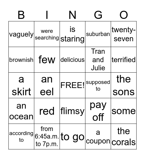 English Grammar Bingo Card