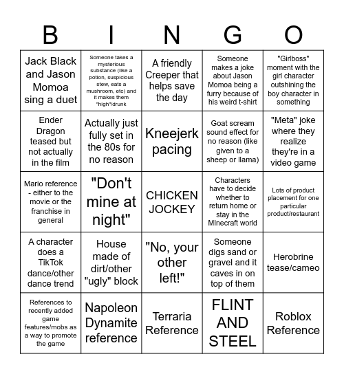 "A Minecraft Movie" Bingo Card