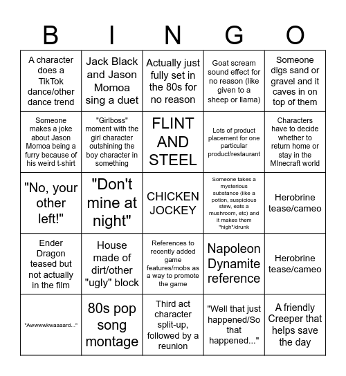 "A Minecraft Movie" Bingo Card