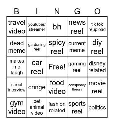 Instagram reel bingo Card