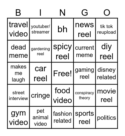 Instagram reel bingo Card