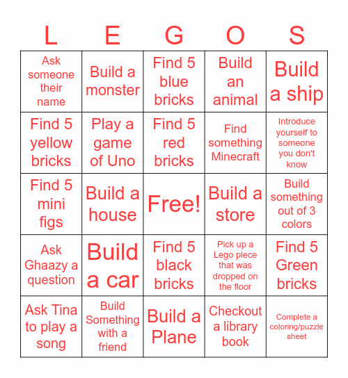 Lego Club Bingo Card