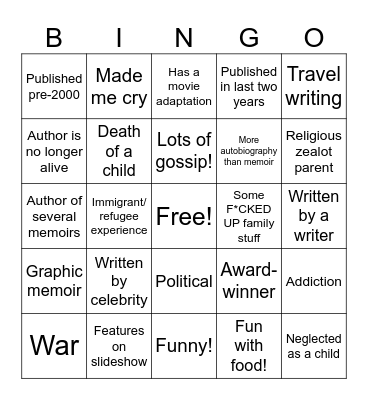 Memoir Bingo Card