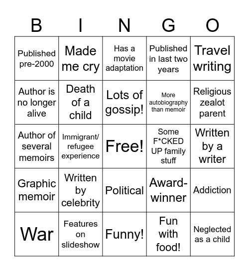 Memoir Bingo Card