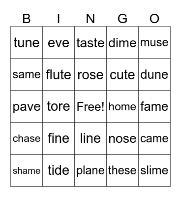 Long Vowel (Silent e) Bingo Card