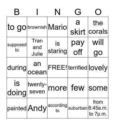 English Grammar Bingo Card