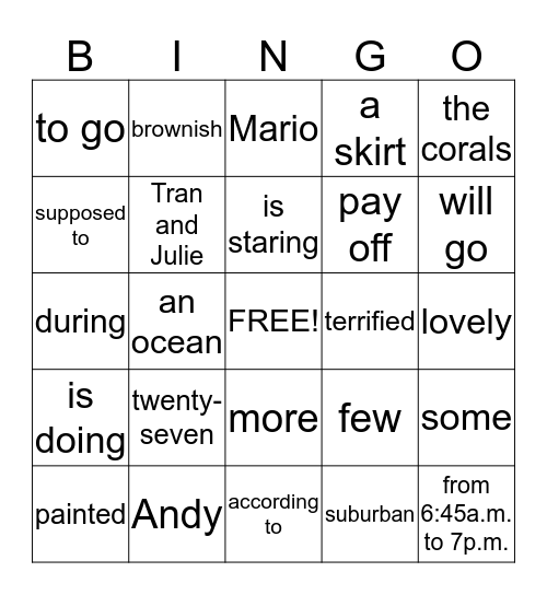 English Grammar Bingo Card