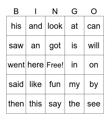 1st Grade SNAP Words- List 1 Bingo Card
