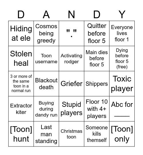 Dandys world public run bingo Card