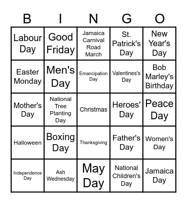 Special Days Bingo Card