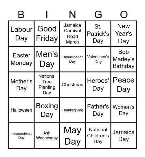 Special Days Bingo Card