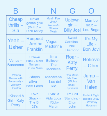 Kim's Top Pop BINGO! Bingo Card