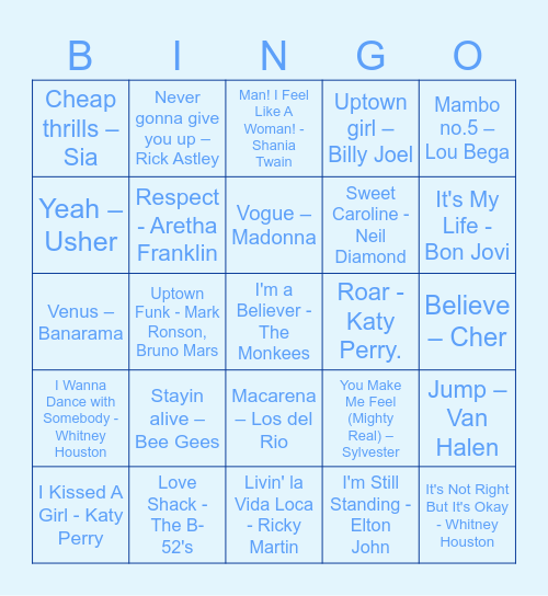 Kim's Top Pop BINGO! Bingo Card