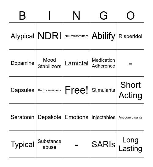 Psychotropic Med Training Bingo Card