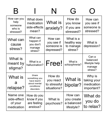 Mental health bingo Card