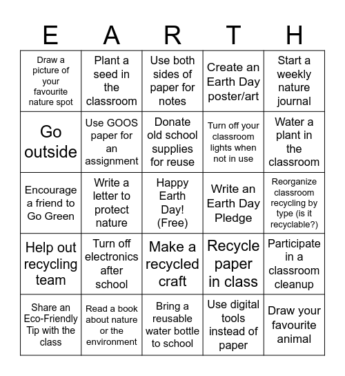 Earth Day BINGO Card