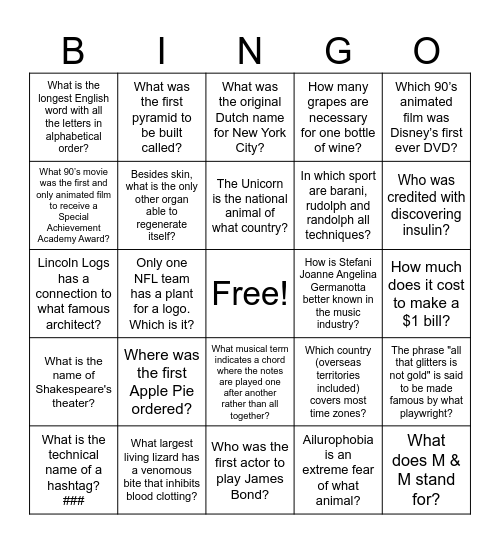 Trivia Bingo Card