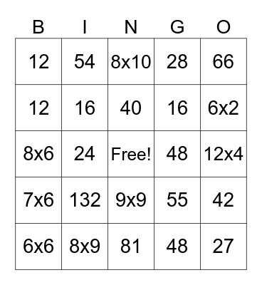 Math Facts Bingo Card