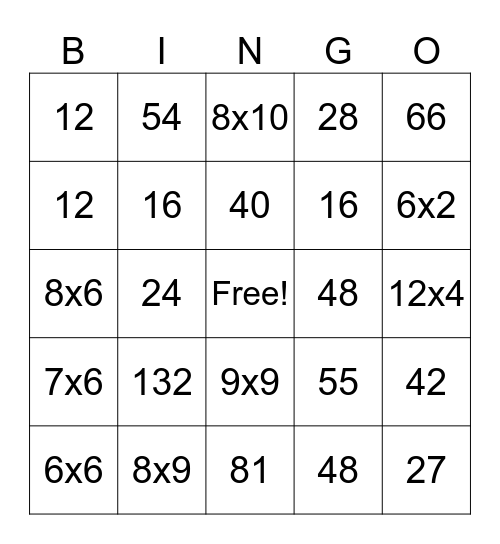Math Facts Bingo Card