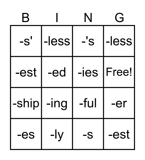 Suffixes Bingo Card