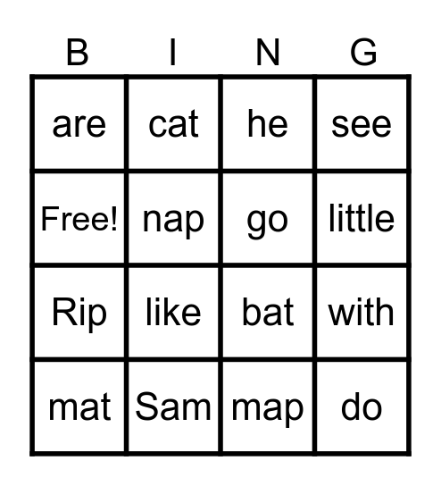 kindergarten Bingo Card