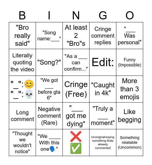 Youtube shorts bingo Card