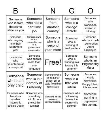 Intern Networking Bingo Card