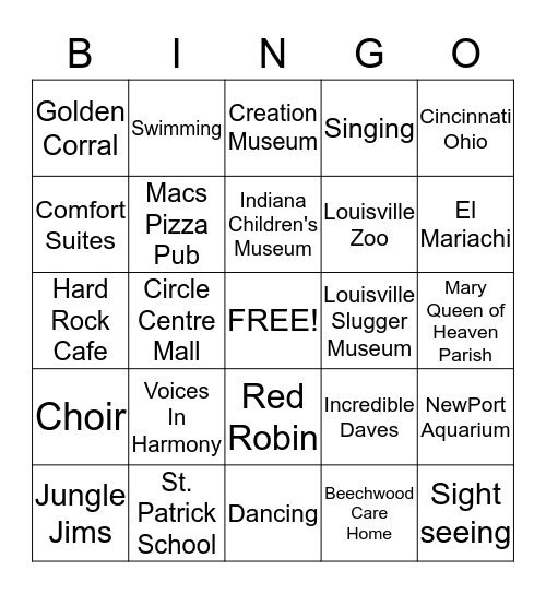 2013 Cincinnati/Louisville Choir Tour Bingo Card