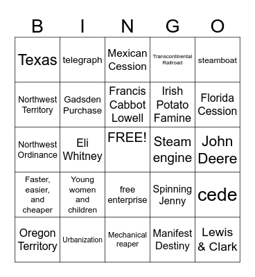 Westward Expansion & Industrialization Bingo Card