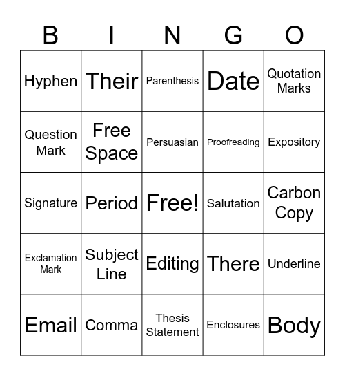 Writing Bingo Card