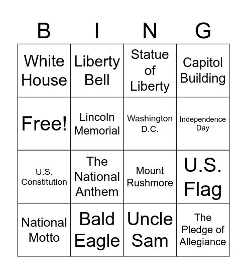 National Symbols Bingo Card