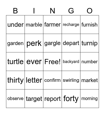 R-controlled vowels ar,or,er,ir,ur Bingo Card