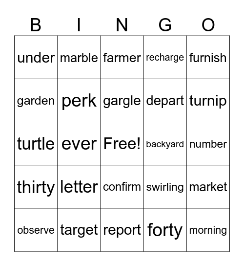 R-controlled vowels ar,or,er,ir,ur Bingo Card