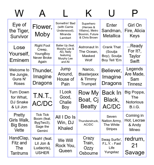 Guess the Walk-up Songs! Bingo Card