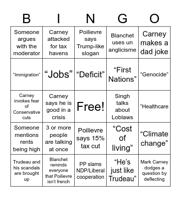 Leadnow Election Debate BINGO Card