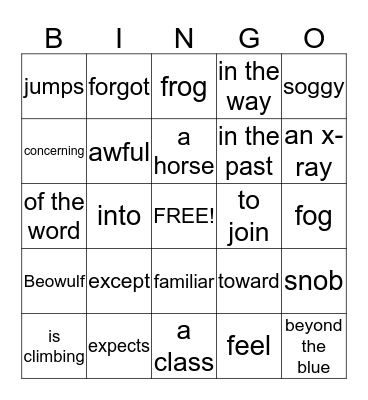 English Grammar Bingo Card