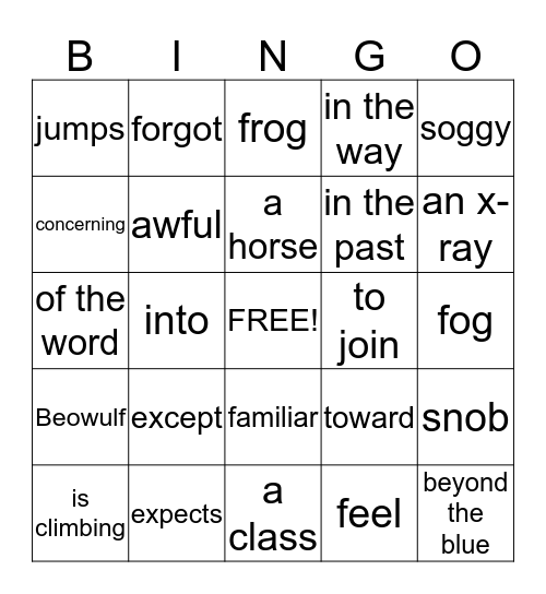 English Grammar Bingo Card