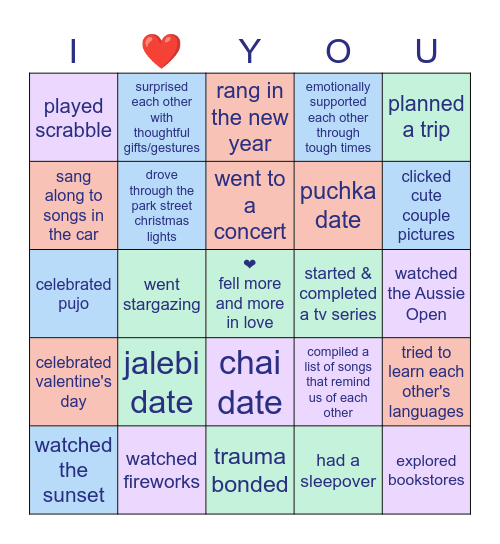 Things We've Done Together [6 month edition] Bingo Card