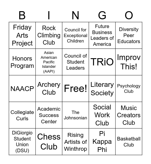 Campus Organizations Bingo Card