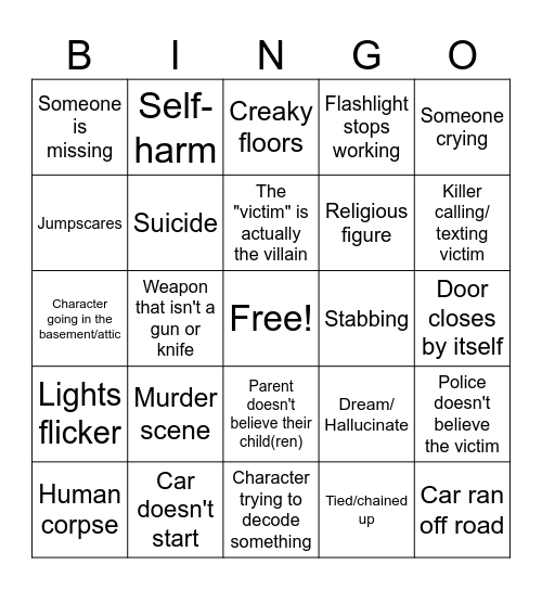 Horror Movie Bingo Card