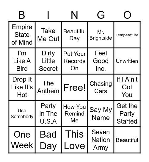 2000's Throwbacks Bingo Card