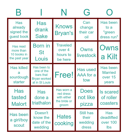 Wedding Bingo Card