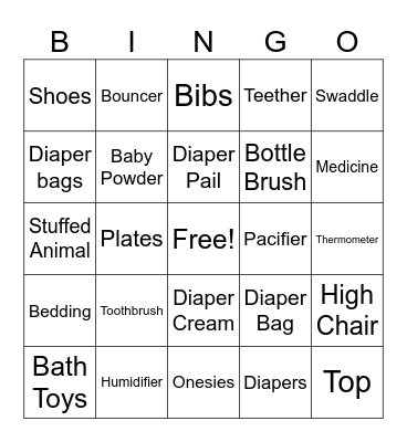 Baby Items Bingo Card