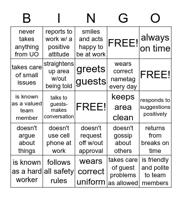 Evaluation Criteria for OJT Bingo Card