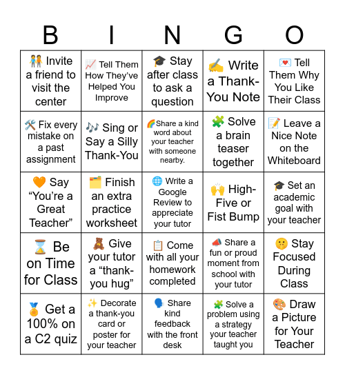 Teacher Appreciate week Bingo Card