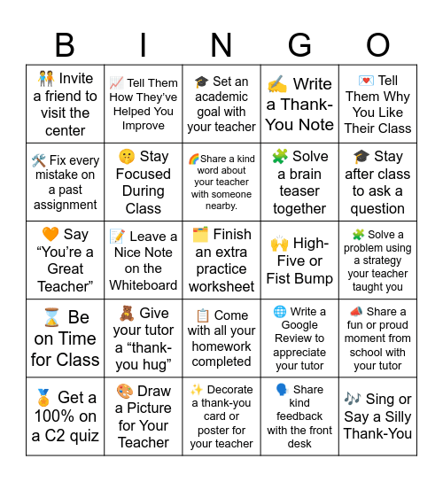 Teacher Appreciate week Bingo Card