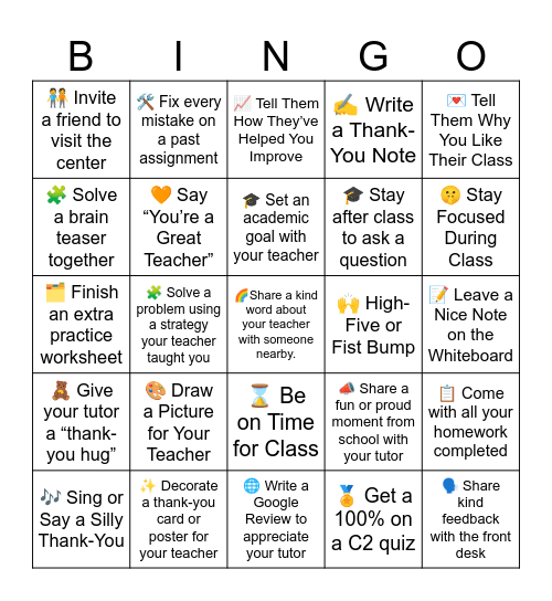 Teacher Appreciate week Bingo Card