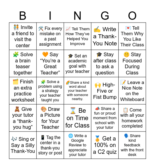 Teacher Appreciate week Bingo Card