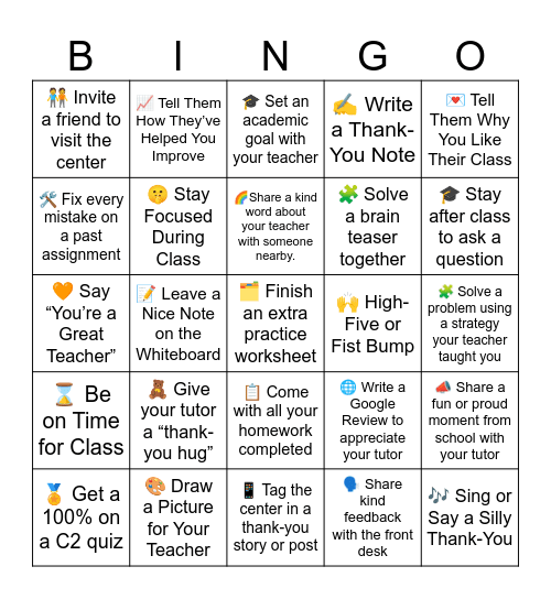 Teacher Appreciate week Bingo Card